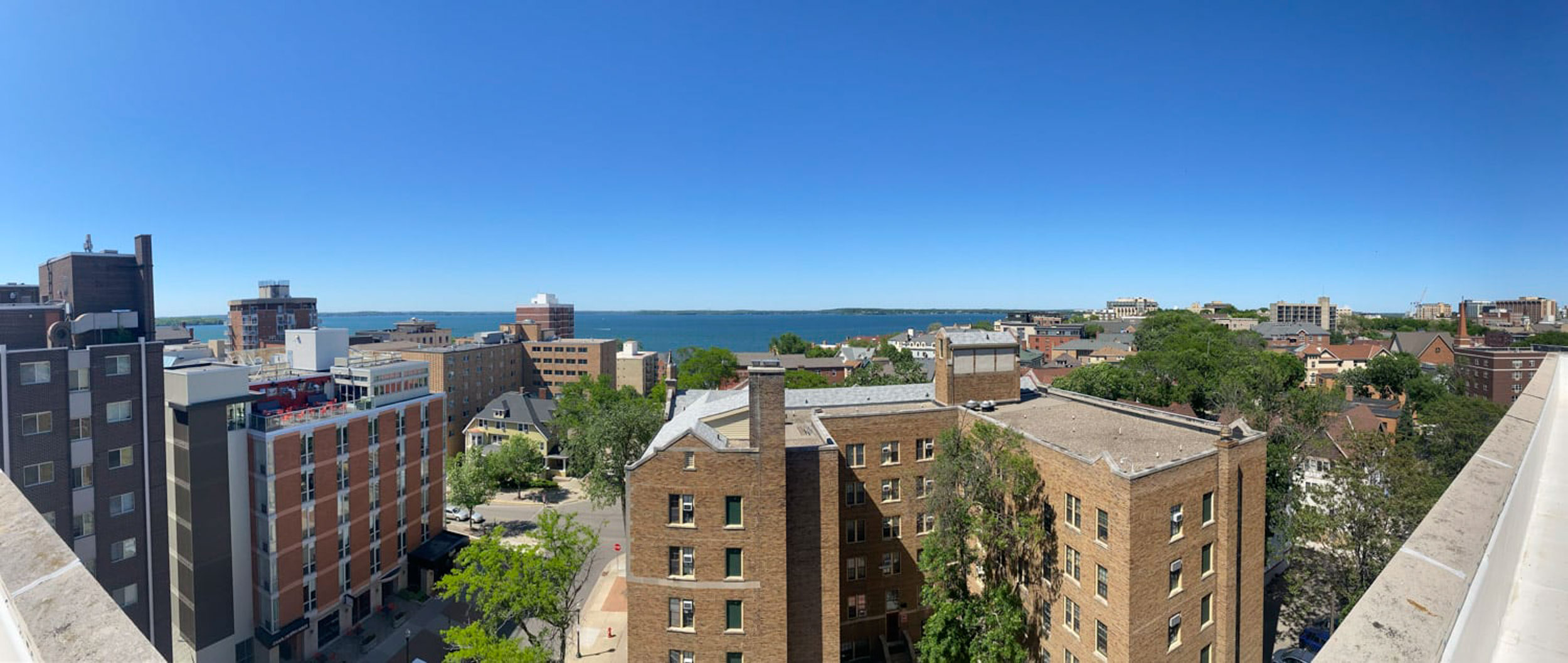 Aerial view of brick midrise apartment buildings
